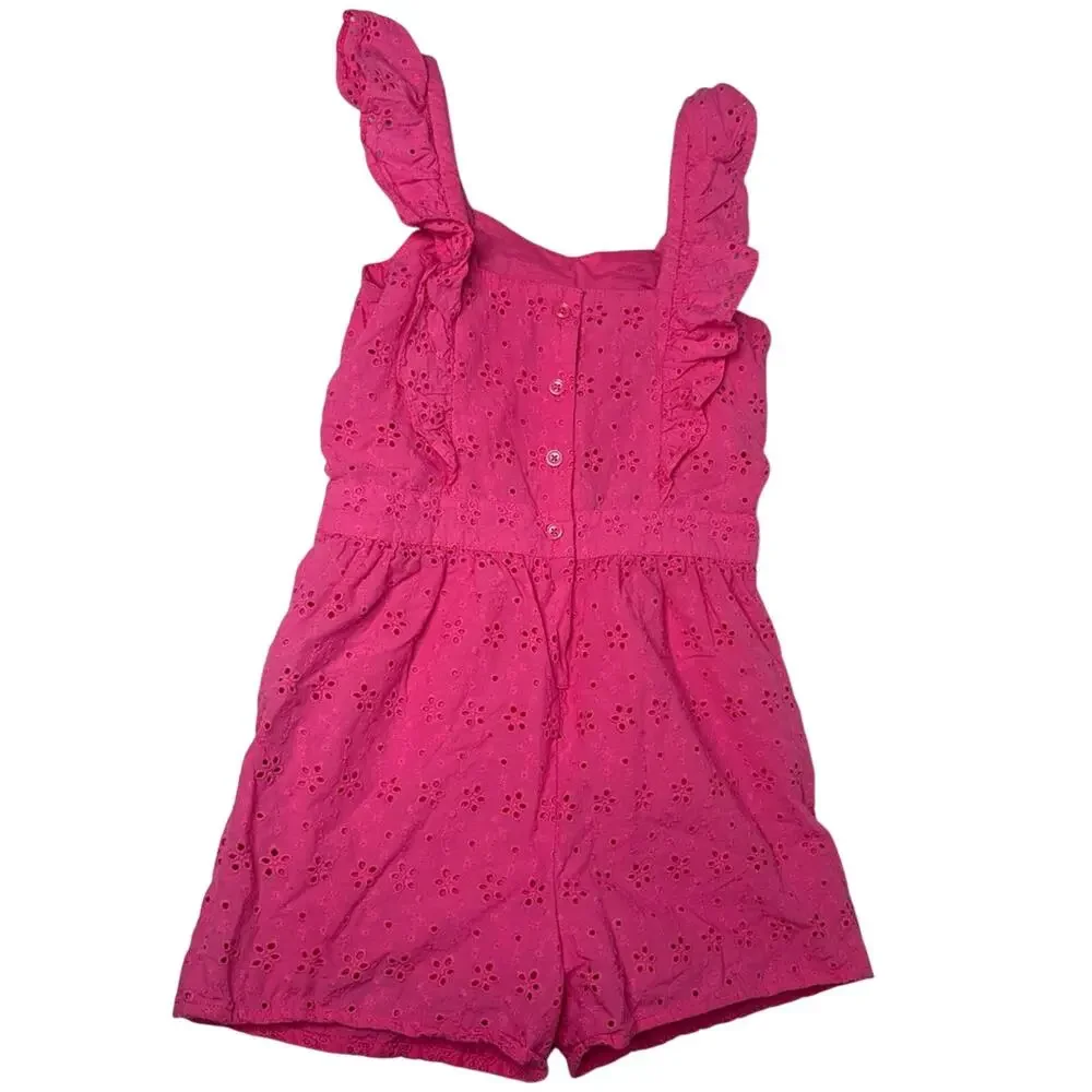 Janie and Jack Pink Eyelet Romper Girls 8 Ruffle Strap Summer Vacation Outfit - Picture 3 of 11